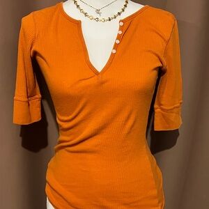 Cooper Key Women's Orange Ribbed Henley Top - Slim Fit